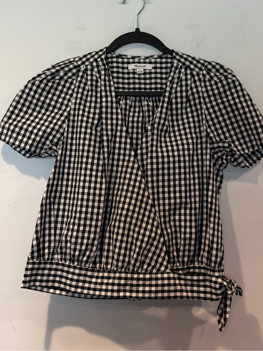Madewell Black & White Gingham Cotton Poplin Wrap Short-Sleeve Top